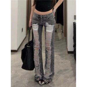 Women's Grey Ripped Skinny Jeans Harajuku Vintage Y2k Denim Trousers Japanese